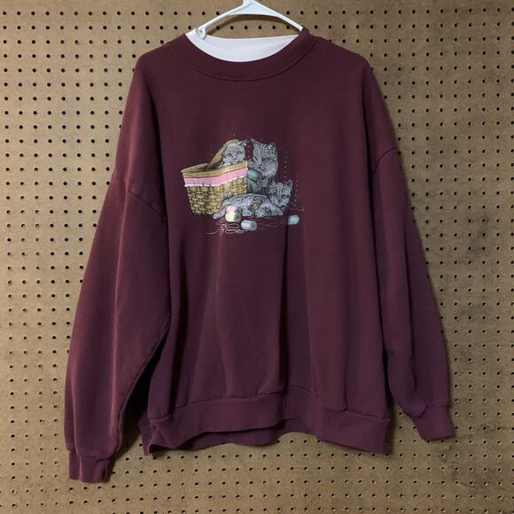 Vintage Cat Sweatshirt 2x Pullover Double Collar Burgundy 90s Retro Cat Lady - Picture 1 of 6